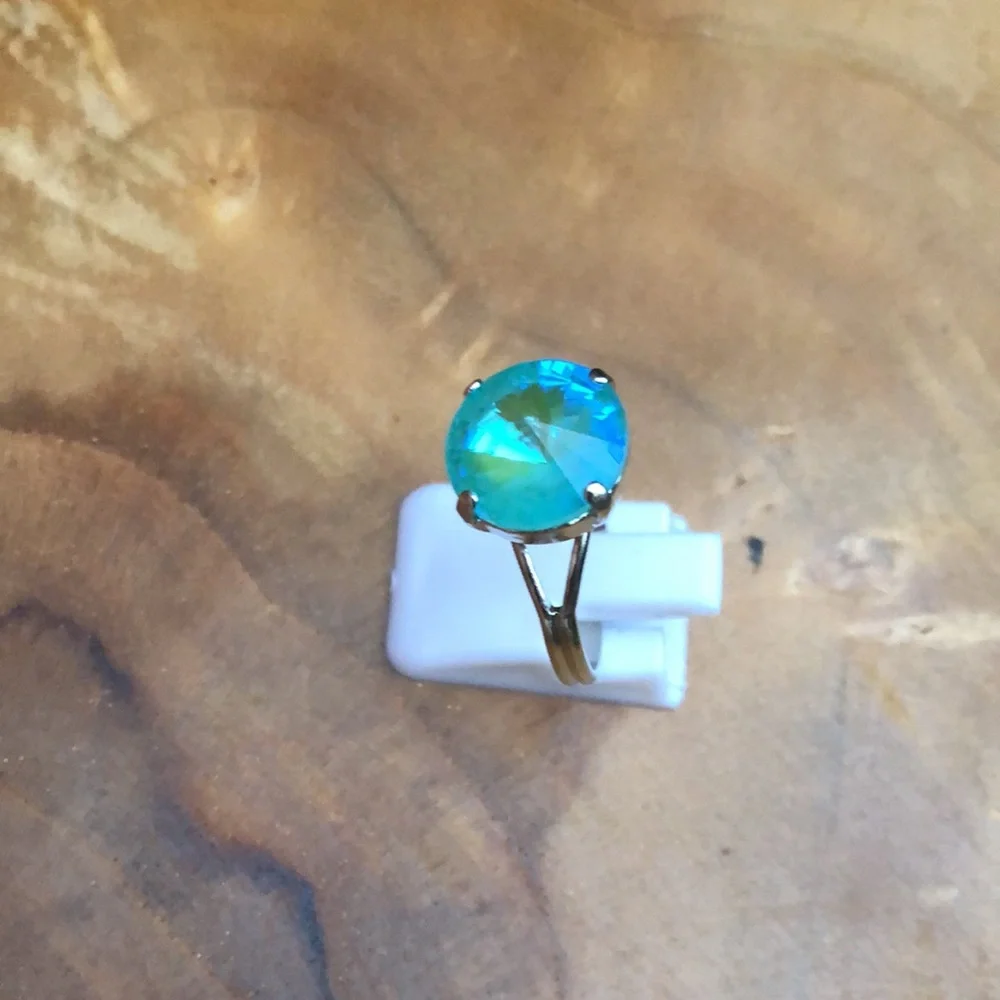 Aquamarine Aurora Borealis + Silver Rivoli Crystal Ring